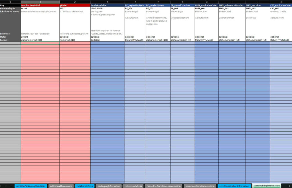 Screenshot des Excel-Tabellenblatts "sustainabilityInformation" im DPB Baubranchenstandard 2.1