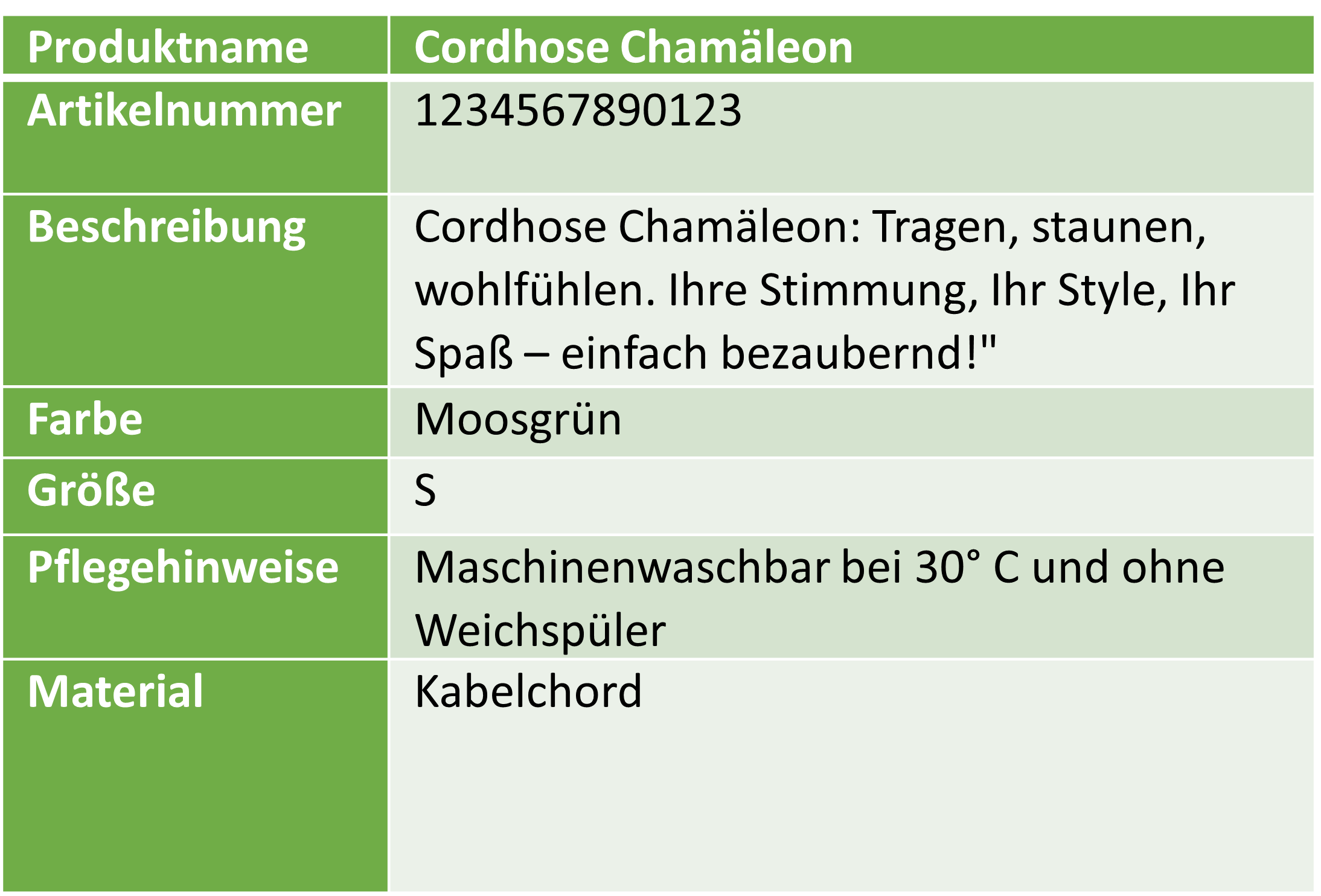 Artikelstammdaten der Cordhose Chamäleon