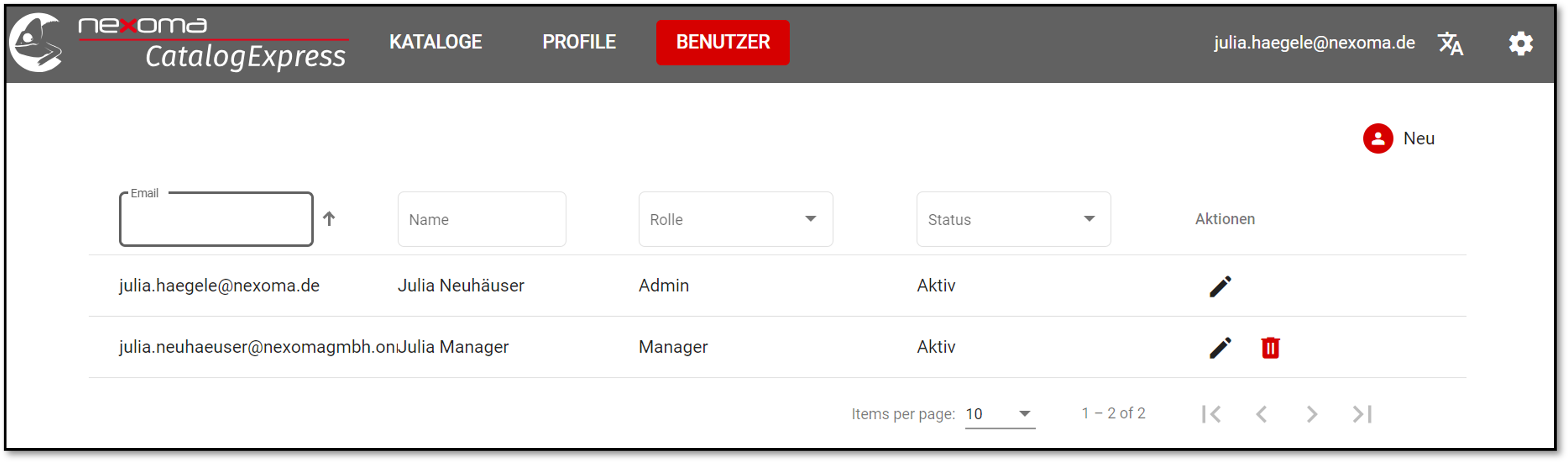 Admin Ansicht in CatalogExpress