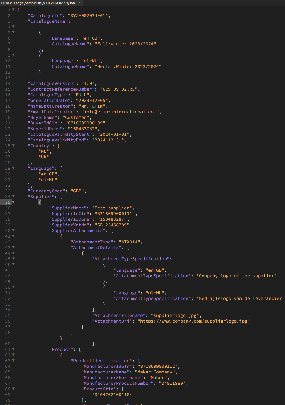 Dieser Screenshot zeigt beispielhaft den Beginn der JSON-Datenstruktur für ETIM xChange.