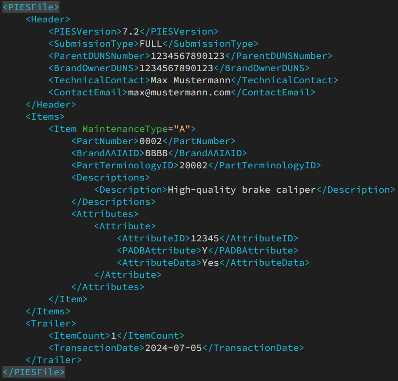 Beispiel für den XML-Code des PIES-Standards