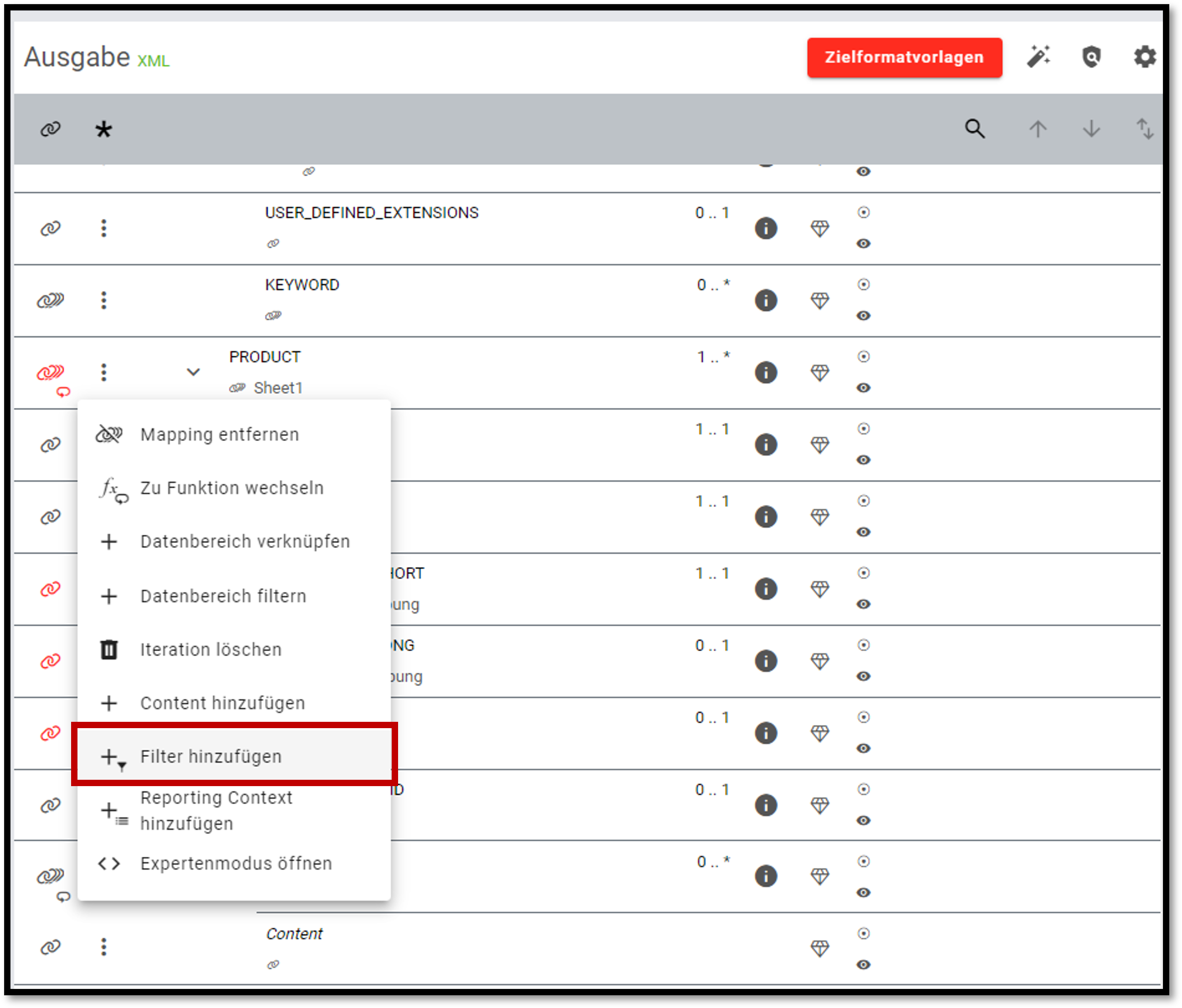 Filter auswählen im Datenmapping