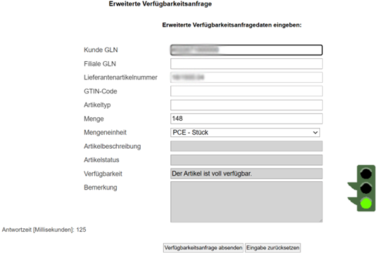 Beispiel für die erweiterte Verfügbarkeitsanfrage bei ELGATE