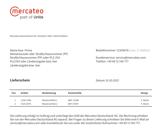 Lieferschein von Mercateo Unite