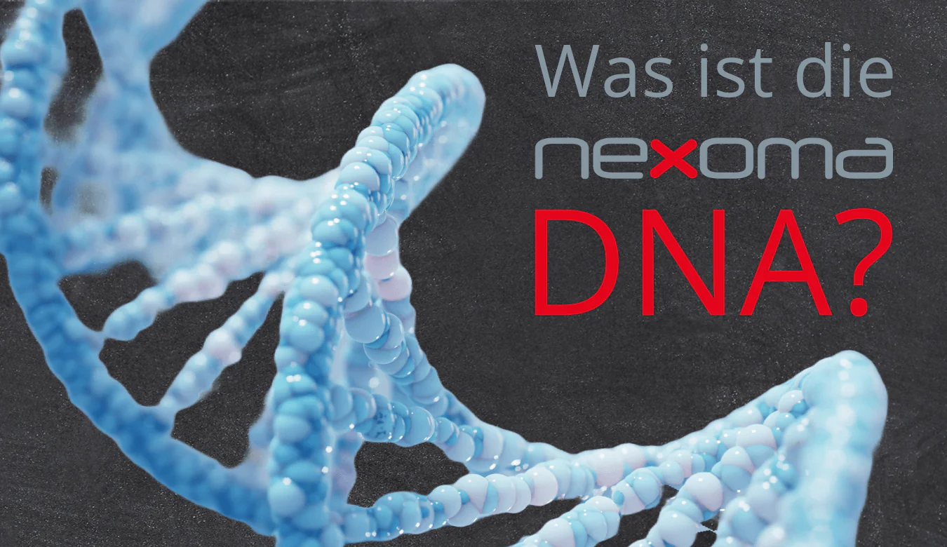 Beitragsbild zum Thema "Unsere Firmen-DNA: Wie tickt die nexoma GmbH?" mit dem Text "Was ist die nexoma-DNA" und einer Doppelhelix-Struktur auf dunklem Hintergrund.