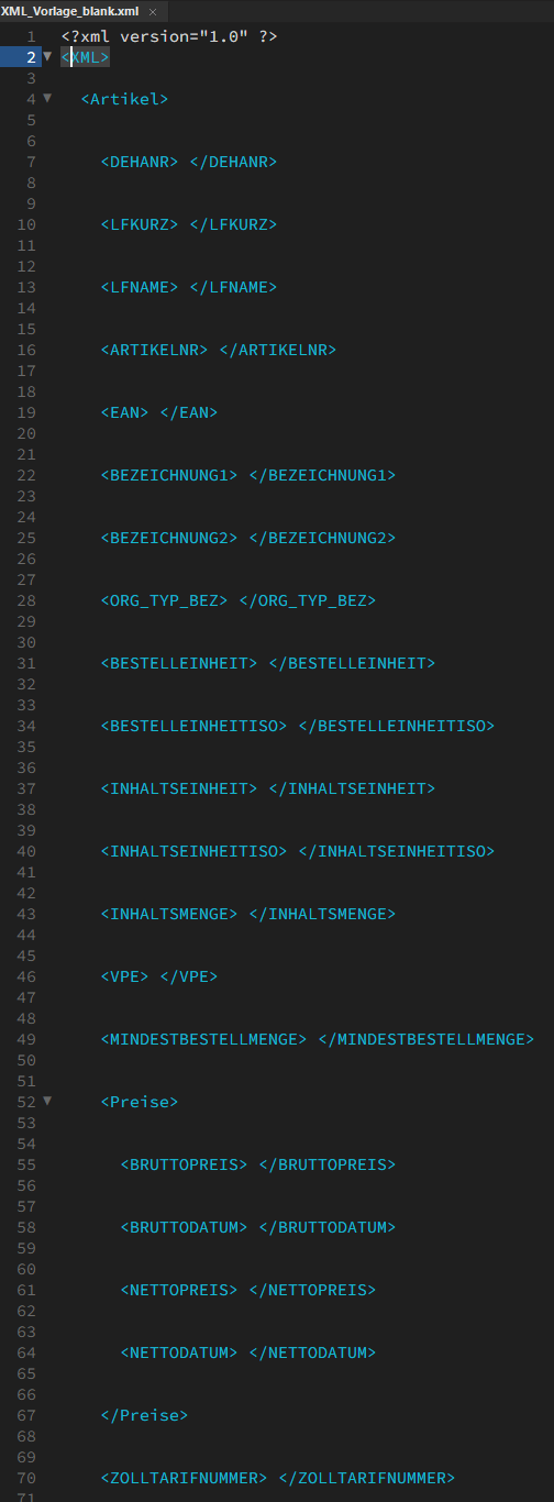 Produktdatenformate in XML konvertieren: Screenshot der leeren Vorlagedatei eines XML-Codes für die Nutzung in CatalogExpress