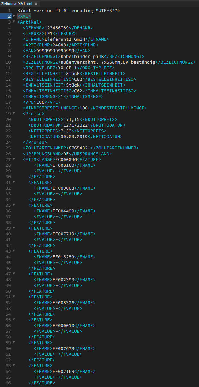 Screenshot eines Auszugs einer ausgefüllten XML-Zieldatei, welche mit CatalogExpress erstellt wurde.