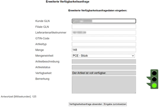 Beispiel für die erweiterte Verfügbarkeitsanfrage bei ELGATE