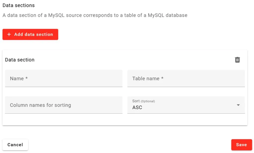 MySQL connector - defining data sections in CatalogExpress